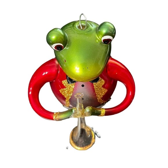 Scottish Christmas Frog in Tuxedo with Trumpet Glass Christmas Ornament Decor 6" - Picture 9 of 15